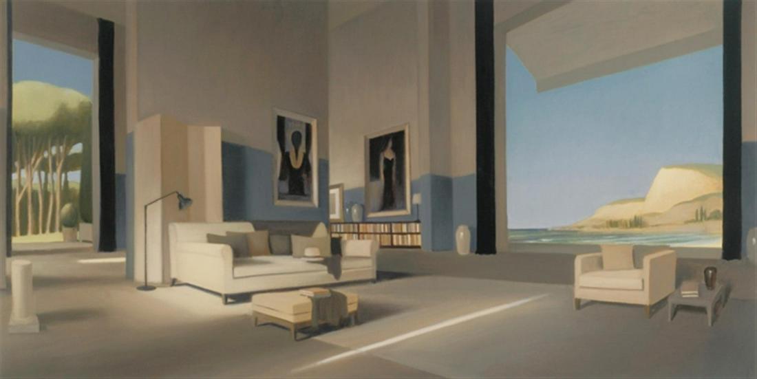 Sophistication by Thierry Mysius: The modern layout of an upper-class home, which includes two large paintings of women, book shelves, and seating arrangements below voluminous windows, overlooks magnificent outdoor views in this oil 