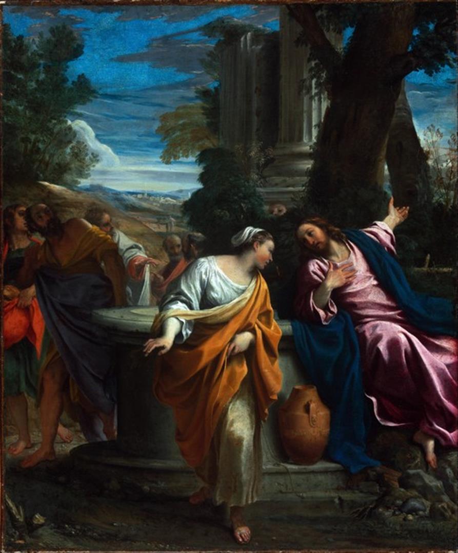 Annibale Carracci - Christ and the Samaritan Woman: Artist: Annibale Carracci - Title: Christ and the Samaritan Woman - Medium: Fine Art Reproduction Giclee on Canvas - Image Size: Approximately 20 inches x 16.5 inches - Unframed on Unstretched Canvas