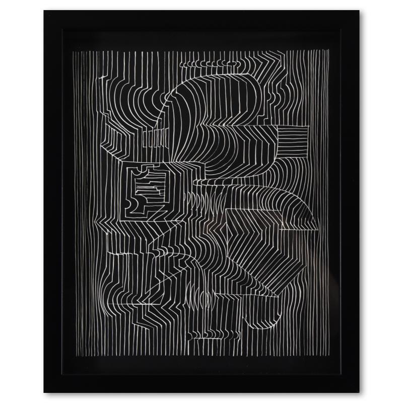 Gordium de la serie Ondulatoires by Vasarely (1908-1997): "Gordium de la serie Ondulatoires" is a heliogravure print on paper, published in 1973, by Victor Vasarely (1908-1997). This piece comes custom framed, with a letter of authenticity and with a 1976 Va