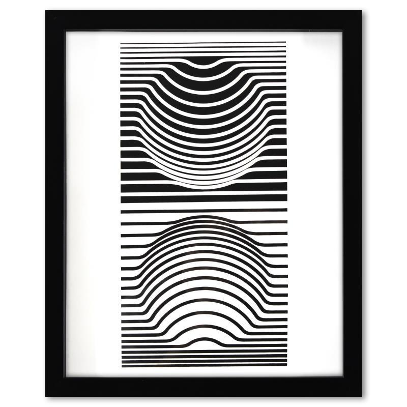 Sir -Ris de la serie Ondulatoires by Vasarely (1908-1997): "Sir -Ris de la serie Ondulatoires" is a heliogravure print on paper, published in 1973, by Victor Vasarely (1908-1997). This piece comes custom framed, with a letter of authenticity and with a 1976 V