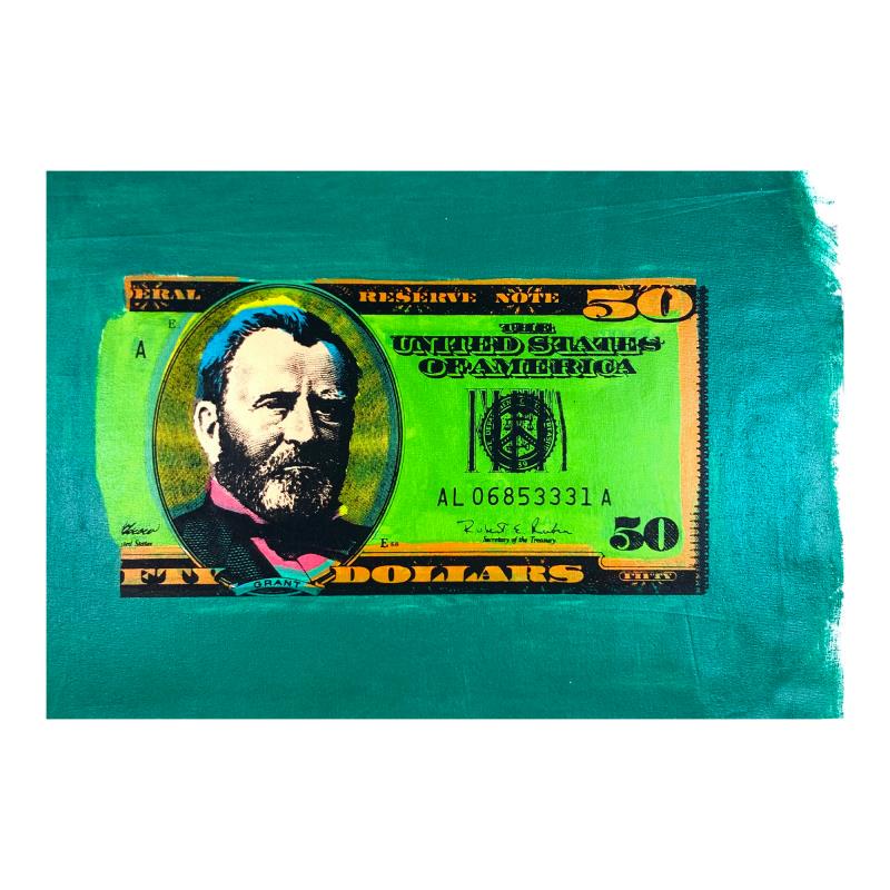 50 Dollar Bill by Steve Kaufman (1960-2010): "Half Grant" is limited edition hand pulled silkscreen unique mixed media on canvas by Andy Warhol protege Steve Kaufman (1960-2010). This piece is numbered and hand signed inverso and includes a lett