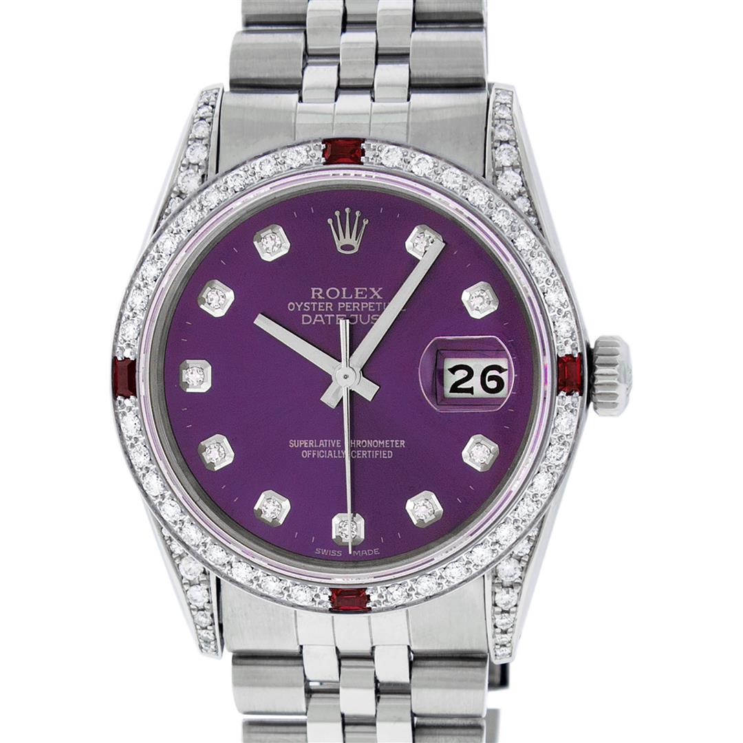 Rolex Mens Stainless Steel Diamond Lugs Purple Diamond & Ruby Datejust Wristwatc: One Mens Pre Owned Rolex Datejust Polished Bright with Satin Finish, Serviced & Electronically Tested, Rolex Stainless Steel Case: 36mm, Custom Diamond Lugs: 28 Diamonds In Lugs, Color: G to H, Clarit