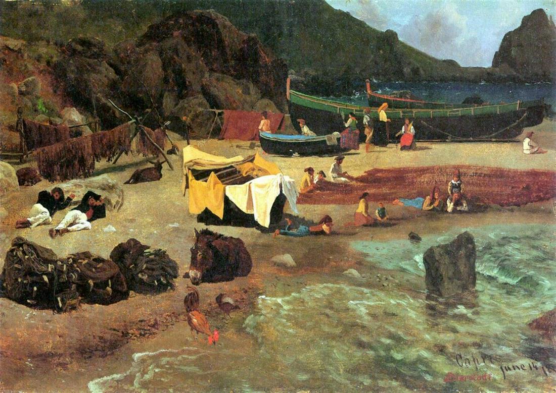 Fishing Boats by Albert Bierstadt: Artist: Albert Bierstadt - Title: Fishing Boats - Medium: Fine Art Giclee on Canvas - Image Size: Approximately 15.25 inches x 20 inches - Unframed on Unstretched Canvas - Biography: Bierstadt became