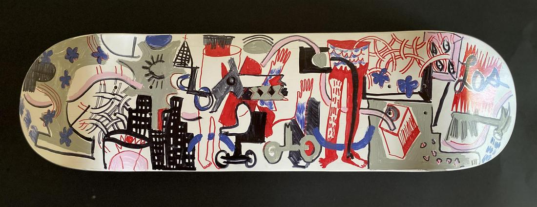 Hand painted skateboard "Street Session" by Gino Perez: Street Session by Gino Perez. "Street Session" is a wood Sugar Skate Co deck, with hand painted original artwork by Gino Perez, and hand signed. Measures approximately 32" x 8.5". Year: 2019. Never mo