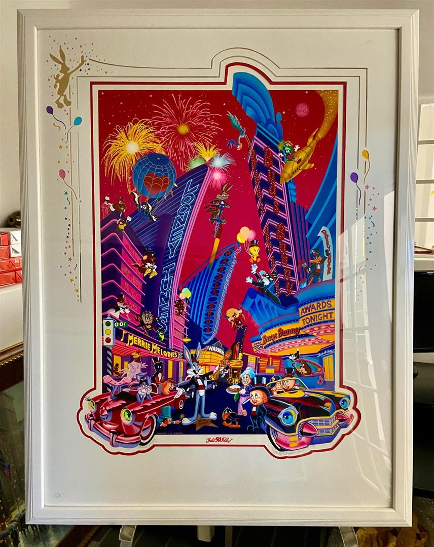 Melanie Taylor Kent "That's All Folks": A Warner Brothers licensed serigraph, "That's All Folks" by Melanie Taylor Kent circa 1995, framed with MTK matting. O.D. 49 x 37" Artist Proof
