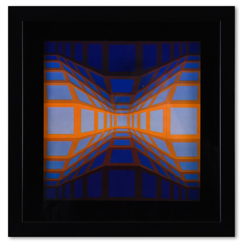 Kek - Eg - II de la serie Structures Universelles Du Damier by Vasarely (1908-19: "Kek - Eg - II de la serie Structures Universelles Du Damier" is a heliogravure print on paper, published in 1975, by Victor Vasarely (1908-1997). This piece comes custom framed, with a letter of auth