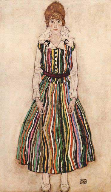 Egon Schiele - Portrait Of Edith Egon Schiele In A Striped Dress: Artist: Egon Schiele - Title: Portrait Of Edith Egon Schiele In A Striped Dress - Medium: Fine Art Reproduction Giclee on Canvas - Image Size: Approximately 20 inches x 11.5 inches - Unframed on Unstr