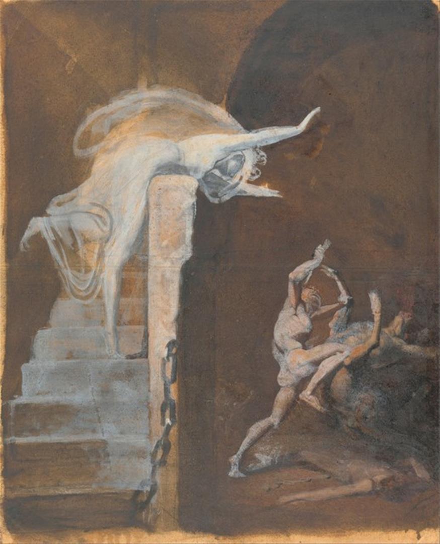 Henry Fuseli - Ariadne, Theseus and the Minotaur: Artist: Henry Fuseli - Title: Ariadne, Theseus and the Minotaur - Medium: Fine Art Reproduction Giclee on Canvas - Image Size: Approximately 32 inches x 26 inches - Unframed on Unstretched Canvas - Bi