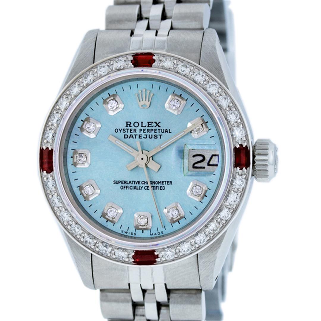 Rolex Ladies Stainless Steel Sky Blue Diamond & Ruby Oyster Perpetual Datejust W: One Ladies Stainless Steel Rolex Datejust Polished Bright with Satin Finish, Serviced & Electronically Tested, Stainless Steel Case: 26mm, Stainless Steel Crown, Custom Bezel: New 18K White Gold Ruby