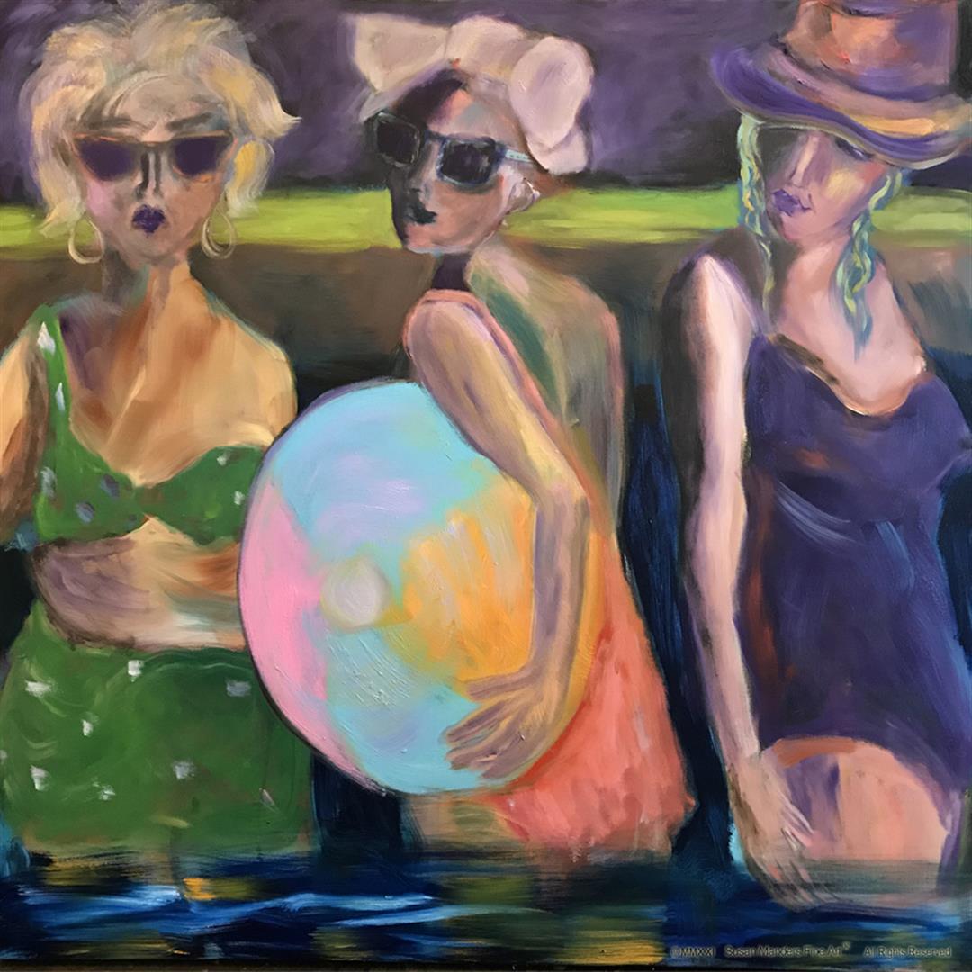 Susan Manders ORIGINAL "Pool Play": No one is swimming in Susan Manders Original "Pool Play". A 48 x 48" original oil on canvas. Manders works are represented in fine collections internationally & archived by the National Museum of Wome