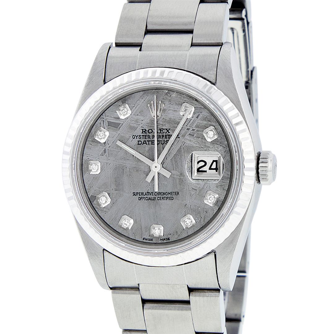 Rolex Mens Stainless Meteorite Diamond 36MM Datejust Wristwatch: One Mens Pre Owned Stainless Steel Rolex Datejust Polished Bright with Satin Finish, This Watch Has Been Serviced & Electronically Tested, Stainless Steel Case: 36mm, Stainless Steel Crown, Bezel: Whi