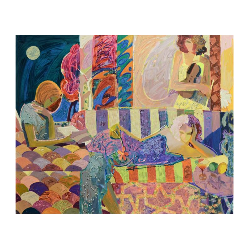 Summer Evening by Sabzi: Summer Evening by Sabzi. "Summer Evening" is a limited edition hand embellished serigraph on canvas by Sabzi, numbered and hand signed by the artist. Includes Certificate of Authenticity. Measures app