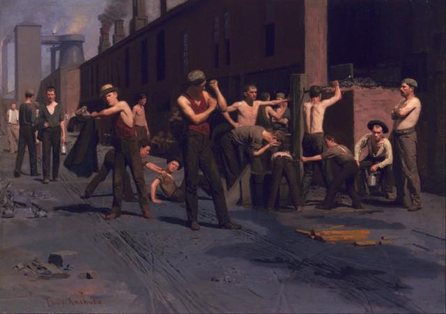 Thomas Anshutz - The Iron Workers: Artist: Thomas Pollock Anshutz - Title: The Iron Workers - Medium: Fine Art Giclee on Canvas - Image Size: Approximately 14 inches x 20 inches - Framed: Unframed on Unstretched Canvas - Biography: Tho