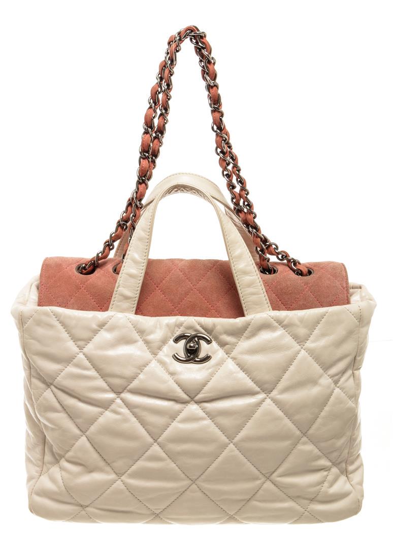 Chanel Beige Leather and Suede Portobello Shoulder Bag: One Chanel Beige Leather and Suede Portobello Shoulder Bag. Item is sold AS-IS. All available information is listed in the description and shown in the photo. Chanel beige leather and suede Portobello