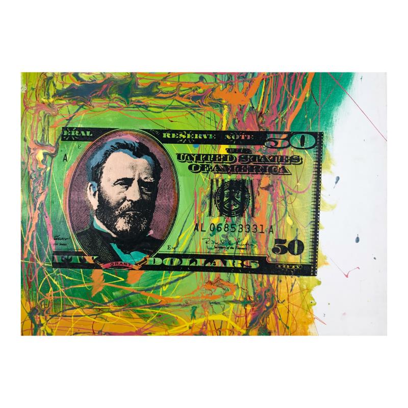 50 Dollar Bill by Steve Kaufman (1960-2010): "Half Grant" is limited edition hand pulled silkscreen unique mixed media on canvas by Andy Warhol protege Steve Kaufman (1960-2010). This piece is numbered and hand signed inverso and includes a lett