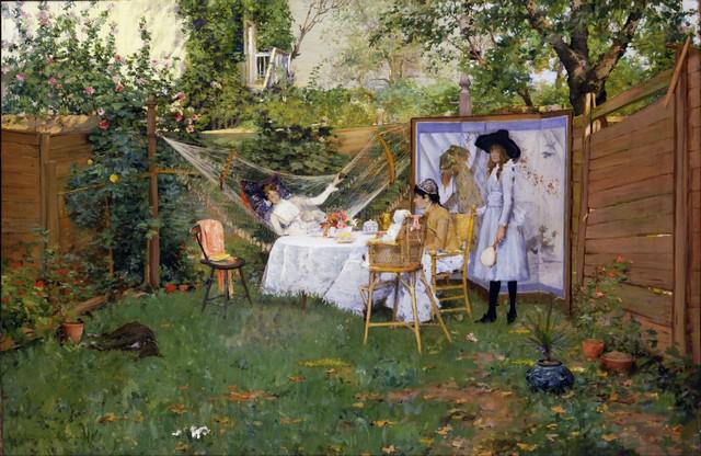 William Merritt Chase - Open Air Breakfast: Artist: William Merritt Chase - Title: Open Air Breakfast - Medium: Fine Art Giclee on Canvas - Image Size: Approximately 20.75 inches x 32 inches - Framed: Unframed on Unstretched Canvas - Biography:
