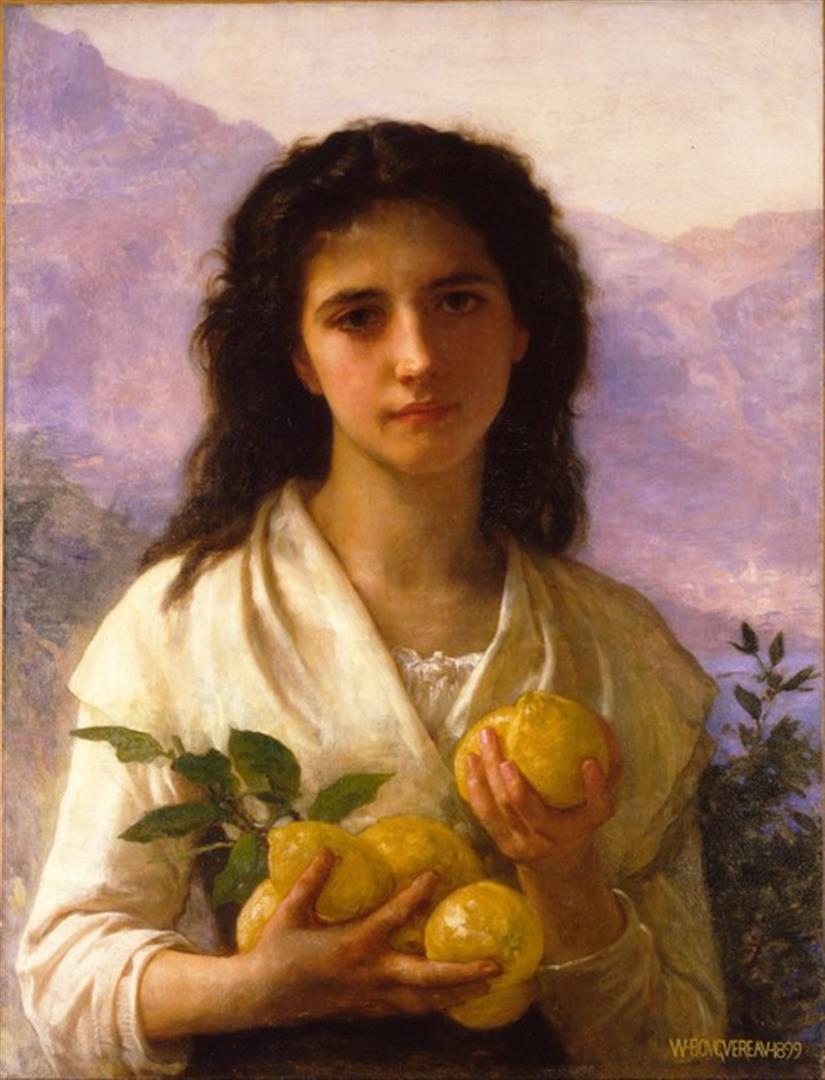 William Bouguereau - Girl Holding Lemons: Artist: William Bouguereau - Title: Girl Holding Lemons - Medium: Fine Art Reproduction Giclee on Canvas - Image Size: Approximately 20 inches x 15.25 inches - Unframed on Unstretched Canvas - Biograp