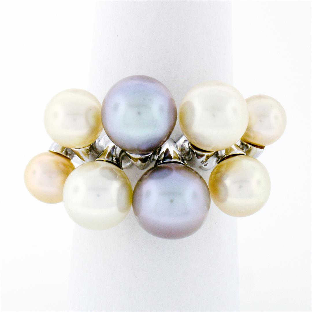 18k White Gold White Beige Light Gray Pearl Wide Band Cluster Cocktail Ring Sz 7: A solid 18k white gold bypass cocktail ring, with 2 round shape cultured pearls (light gray color - 8.0to8.3mm), and 4 round shape cultured pearls (White Color and Light Pink Overtones - 6.5 to 7.5mm)