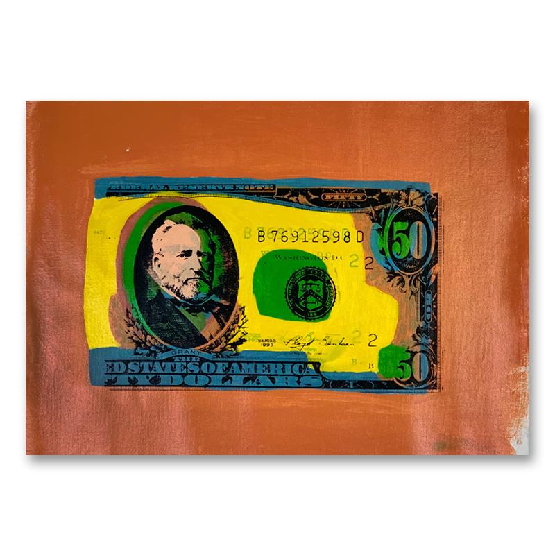 50 Dollar Bill by Steve Kaufman (1960-2010): "Half Grant " is a limited edition hand pulled silkscreen mixed media on canvas by Andy Warhol protege Steve Kaufman (1960-2010). This piece is numbered and AP 2/50 and hand signed inverso. Includes l