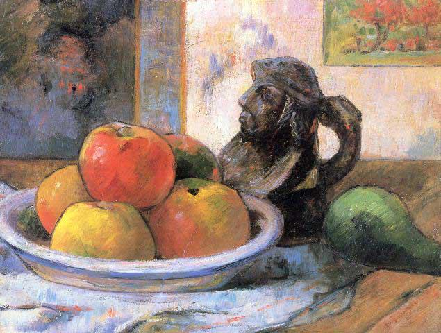 Paul Gauguin - Still Life with Apples, Pears and Krag: Artist: Paul Gauguin - Title: Still Life with Apples, Pears and Krag - Medium: Fine Art Reproduction Giclee on Canvas - Image Size: Approximately 15 inches x 20 inches - Unframed on Unstretched Canvas
