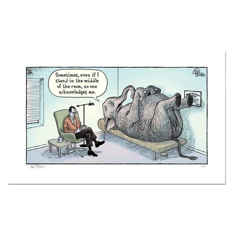 Elephant Room by Bizarro: Elephant Room by Bizarro. "Elephant Room" is a limited edition giclee on paper by Dan Piraro, creator of the critically acclaimed and award winning comic strip, Bizarro! This piece is numbered and han