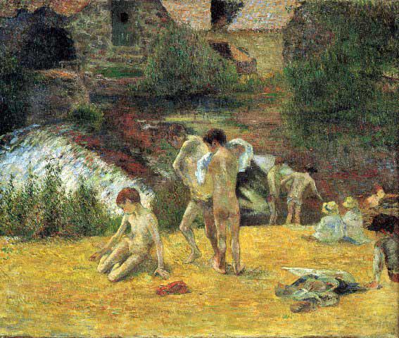 Paul Gauguin - Bathing in the Mill of Bois d'Amour: Artist: Paul Gauguin - Title: Bathing in the Mill of Bois d'Amour - Medium: Fine Art Reproduction Giclee on Canvas - Image Size: Approximately 17 inches x 20 inches - Unframed on Unstretched Canvas - 