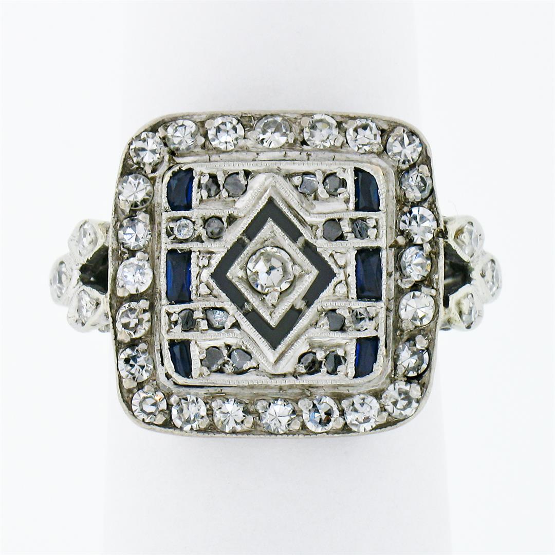 Antique Art Deco French 18k Gold Rose & Single Cut Diamond Square Platter Ring: An anituqe solid 18k white gold french platter ring, with 31 old single cut natural diamonds (F/G - VS1/VS2 ; 1.0ctw), 16 old rose cut natural diamonds (0.16ctw), and 6 custom french cut natural sapph