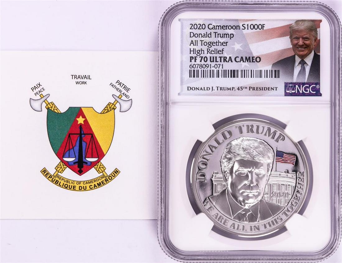 2020 Cameroon S1000F Donald Trump All Together High Relief PF 70 Ultra Cameo 1oz: One 2020 Cameroon S1000F Donald Trump All Together High Relief PF 70 Ultra Cameo 1oz Silver .999 Coin.