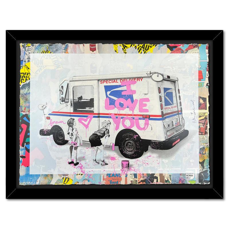 Special Delivery by Mr Brainwash Original: "Special Delivery" is a unique (UNIQ) mixed media on deckle edge paper by Mr. Brainwash, hand signed inverso and bearing the thumbprint of the artist. This piece comes custom framed. Includes Certific