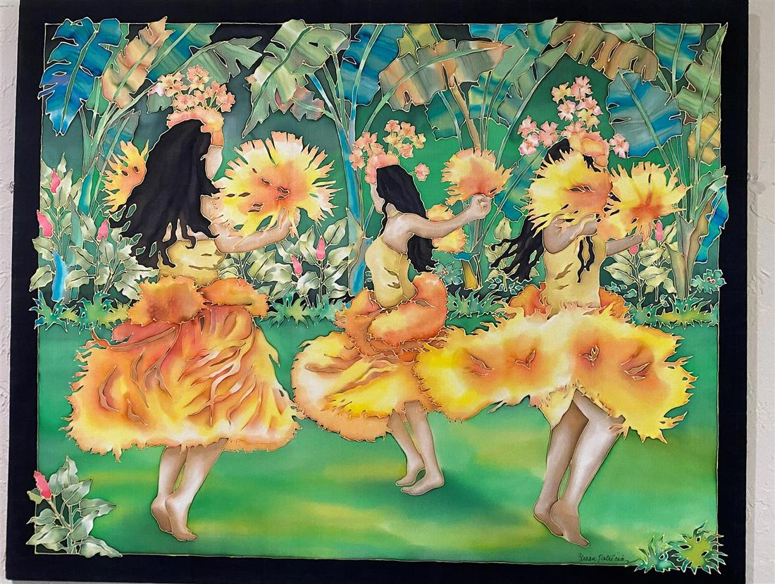 Dancing Girls by Susan Patricia: "Dancing Girls" practice their Hula on green grass. An original on silk, 30" x 24.25" by Hawaii's Susan Patricia