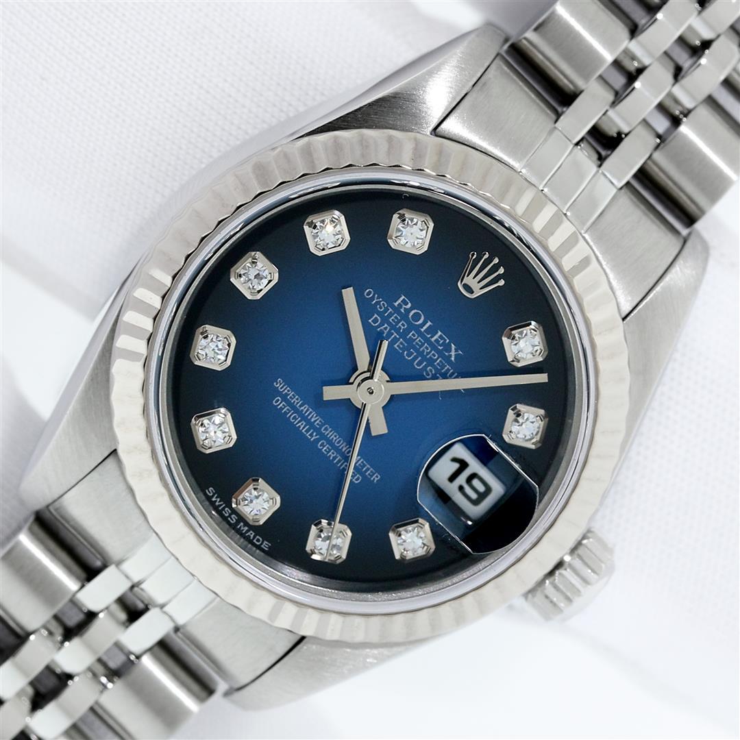 Rolex Ladies Quickset Blue Vignette Diamond Datejust Wristwatch 26MM: One Ladies Pre Owned Quickset Stainless Steel Rolex Datejust Polished Bright with Satin Finish, Serviced & Electronically Tested, Stainless Steel Case: 26mm, Rolex Stainless Steel Crown, Rolex Bezel: