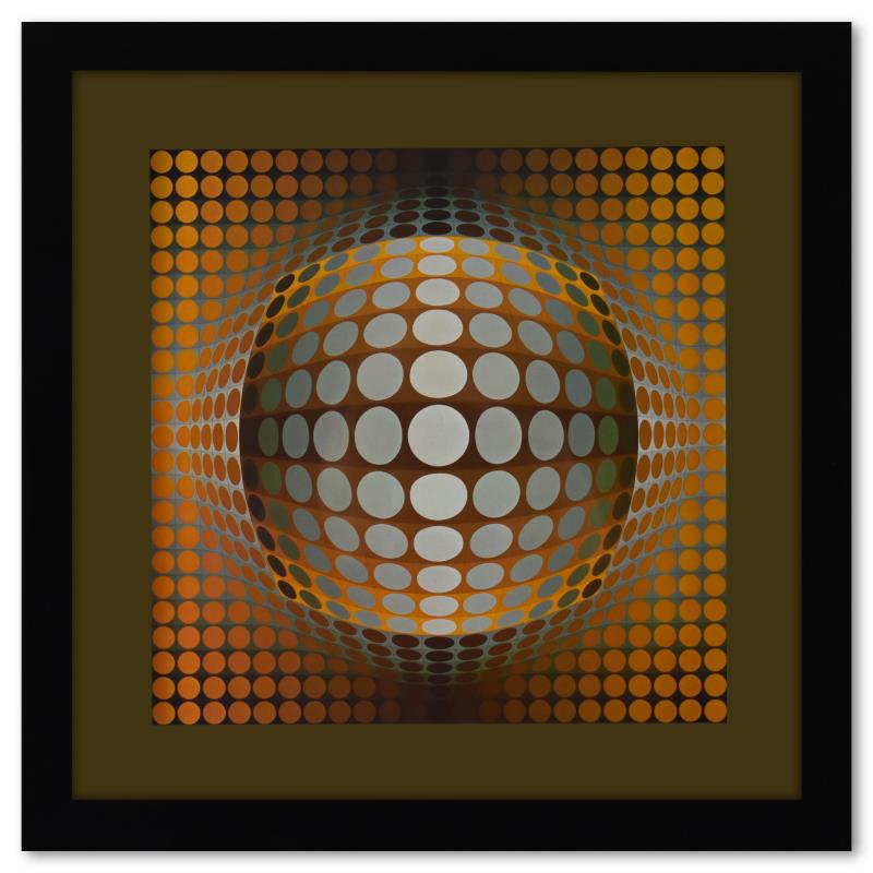 Vega - Zett - 2 de la serie Structures Universelles Du Damier by Vasarely (1908-: "Vega - Zett - 2 de la serie Structures Universelles Du Damier" is a heliogravure print on paper, published in 1975, by Victor Vasarely (1908-1997). This piece comes custom framed, with a letter of au