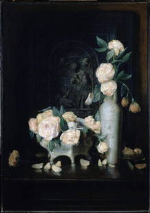 John Ferguson Weir - Vase of Roses: Artist: John Ferguson Weir - Title: Vase of Roses - Medium: Fine Art Giclee on Canvas - Image Size: Approximately 20 inches x 14 inches - Framed: Unframed on Unstretched Canvas - Biography: John Fergu