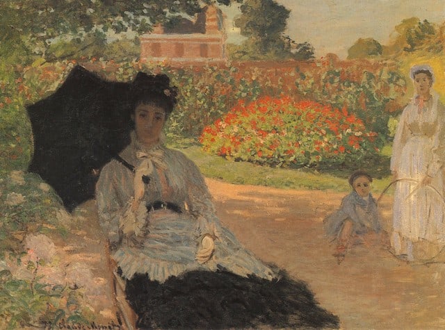 Claude Monet - Camille in the Garden with Jean and His Nanny: Artist: Claude Monet - Title: Camille in the Garden with Jean and His Nanny - Medium: Fine Art Reproduction Giclee on Canvas - Image Size: Approximately 23.75 inches x 32 inches - Unframed on Unstretc