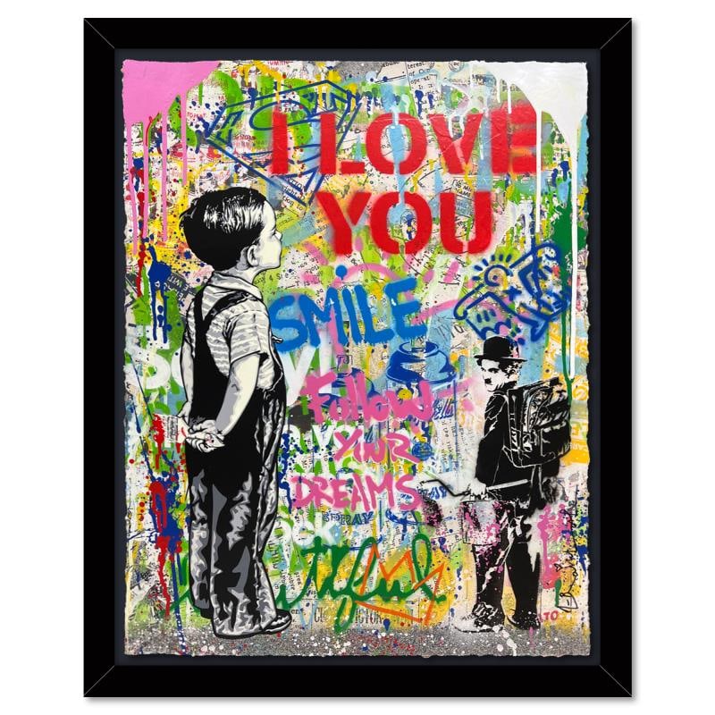 With All My Love by Mr Brainwash Original: "With All My Love" is a mixed media original on deckle edge paper by Mr. Brainwash, hand signed inverso and bearing the thumbprint of the artist. This piece comes custom framed. Includes Certificate o