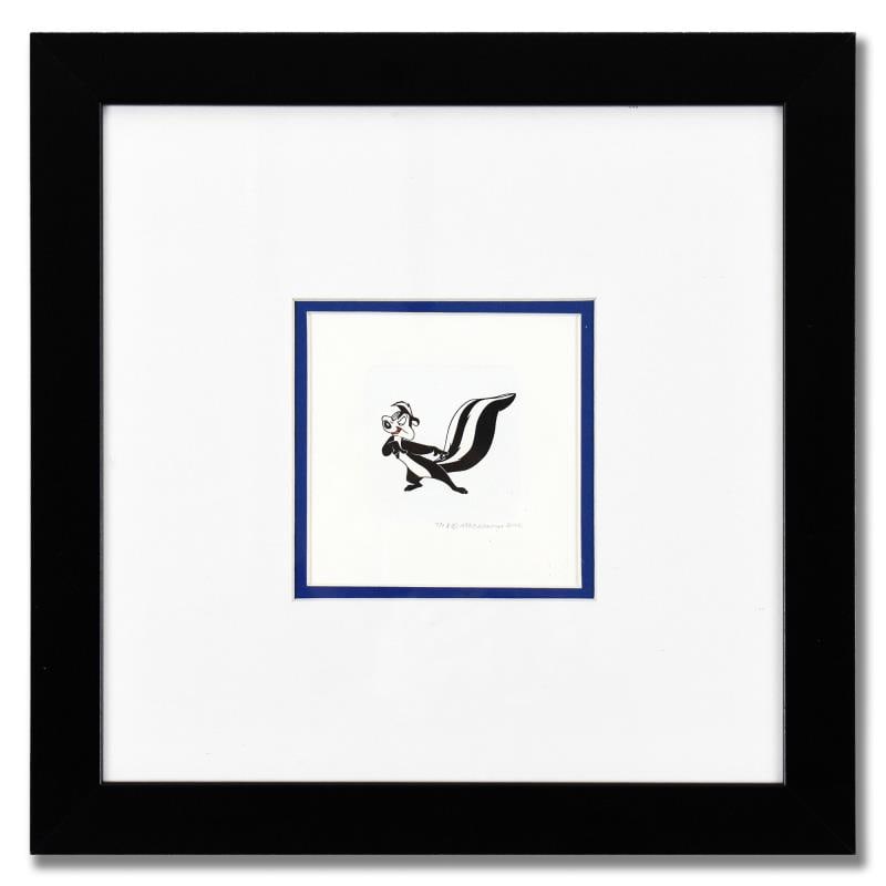 Pepe le Pew by Looney Tunes: "Pepe le Pew" is a limited edition etching on paper with hand-tinted coloring from Warner Bros, numbered and dated 1999. This piece comes framed. Measures approximately 14" x 14" (frame), 2.5" x 2.5" 