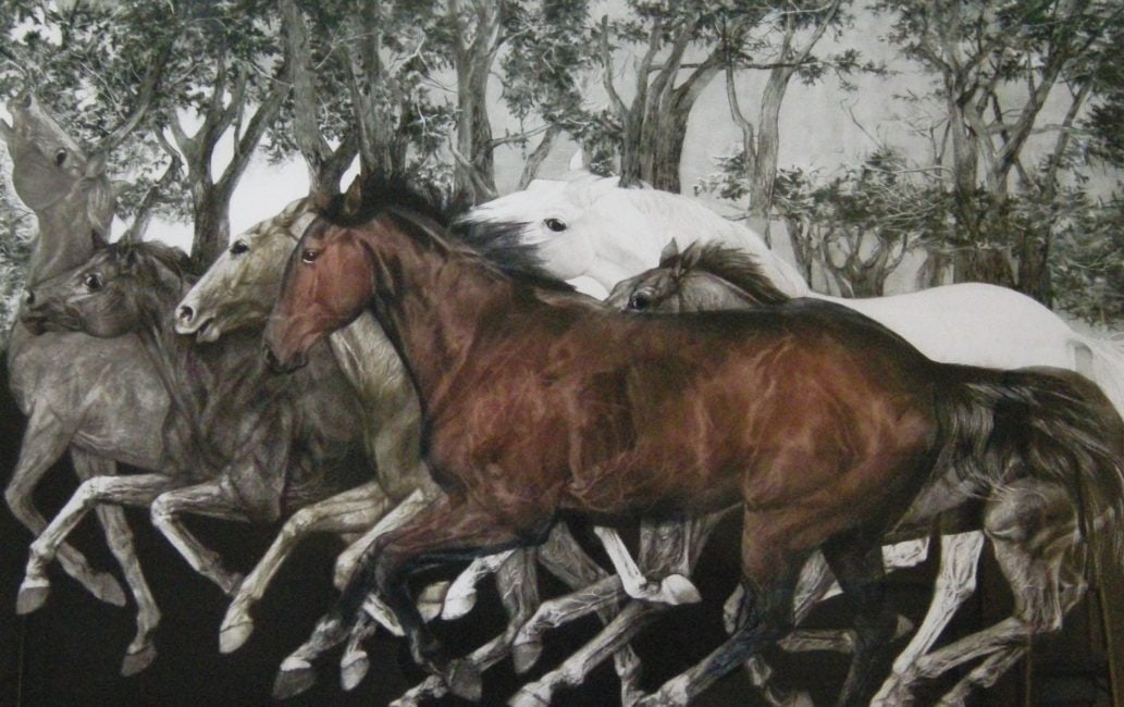 Conquistador Cielo by G.H. Rothe: Conquistador Cielo by G.H. Rothe is a framed original mezzotint of multiple horses running through the forest. The size is 34"x 35 1/2".