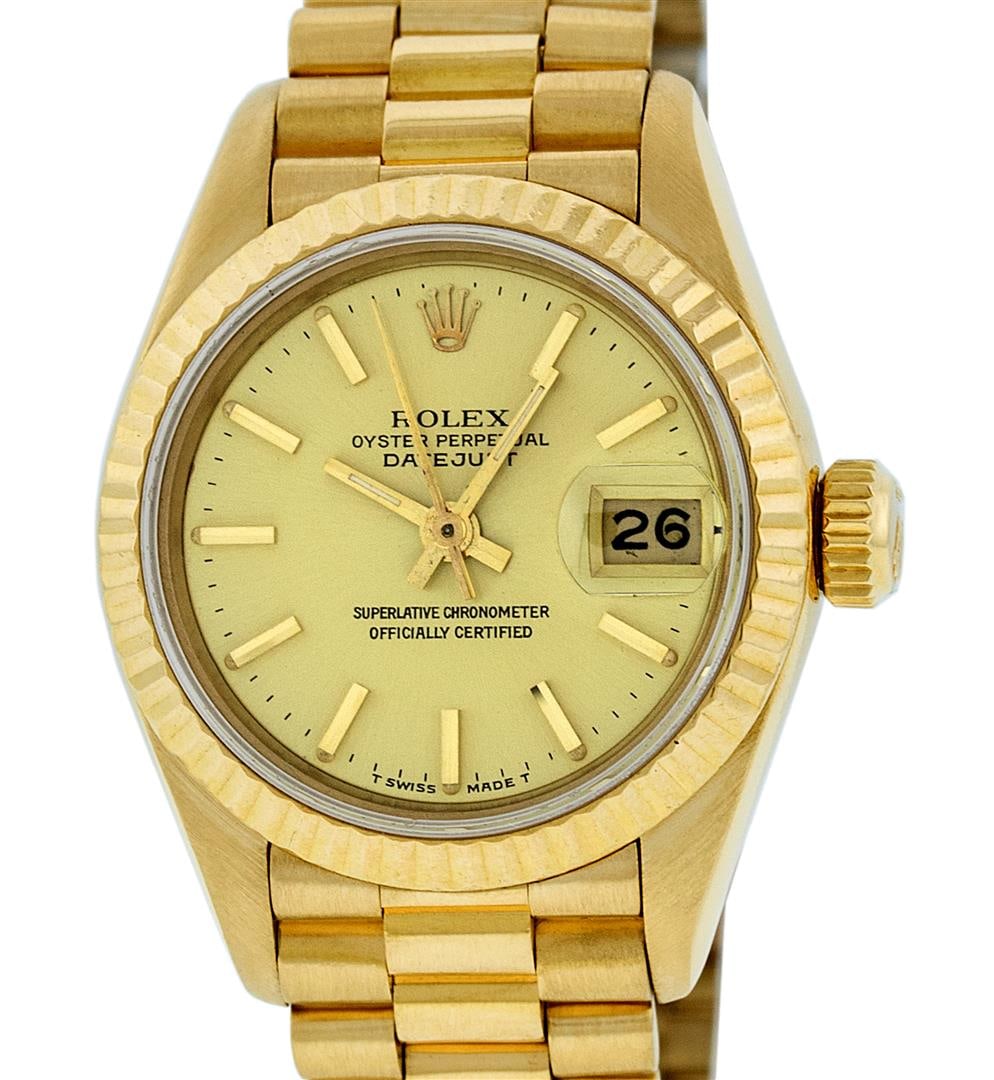 Rolex Ladies Quickset 18K Yellow Gold Champagne Index Datejust President Wristwa: One Ladies Pre Owned Quickset Rolex 18K Yellow Gold President Polished, Serviced & Electronically Tested, Rolex 18K Yellow Gold Case: 26mm, Rolex 18K Yellow Gold Crown, Rolex Bezel: 18K Yellow Gold Fl