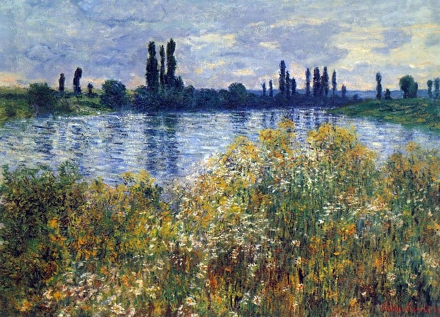 Claude Monet - Seine Shores at Vetheuil: Artist: Claude Monet - Title: Seine Shores at Vetheuil - Medium: Fine Art Reproduction Giclee on Canvas - Image Size: Approximately 14.5 inches x 20 inches - Unframed on Unstretched Canvas - Biography