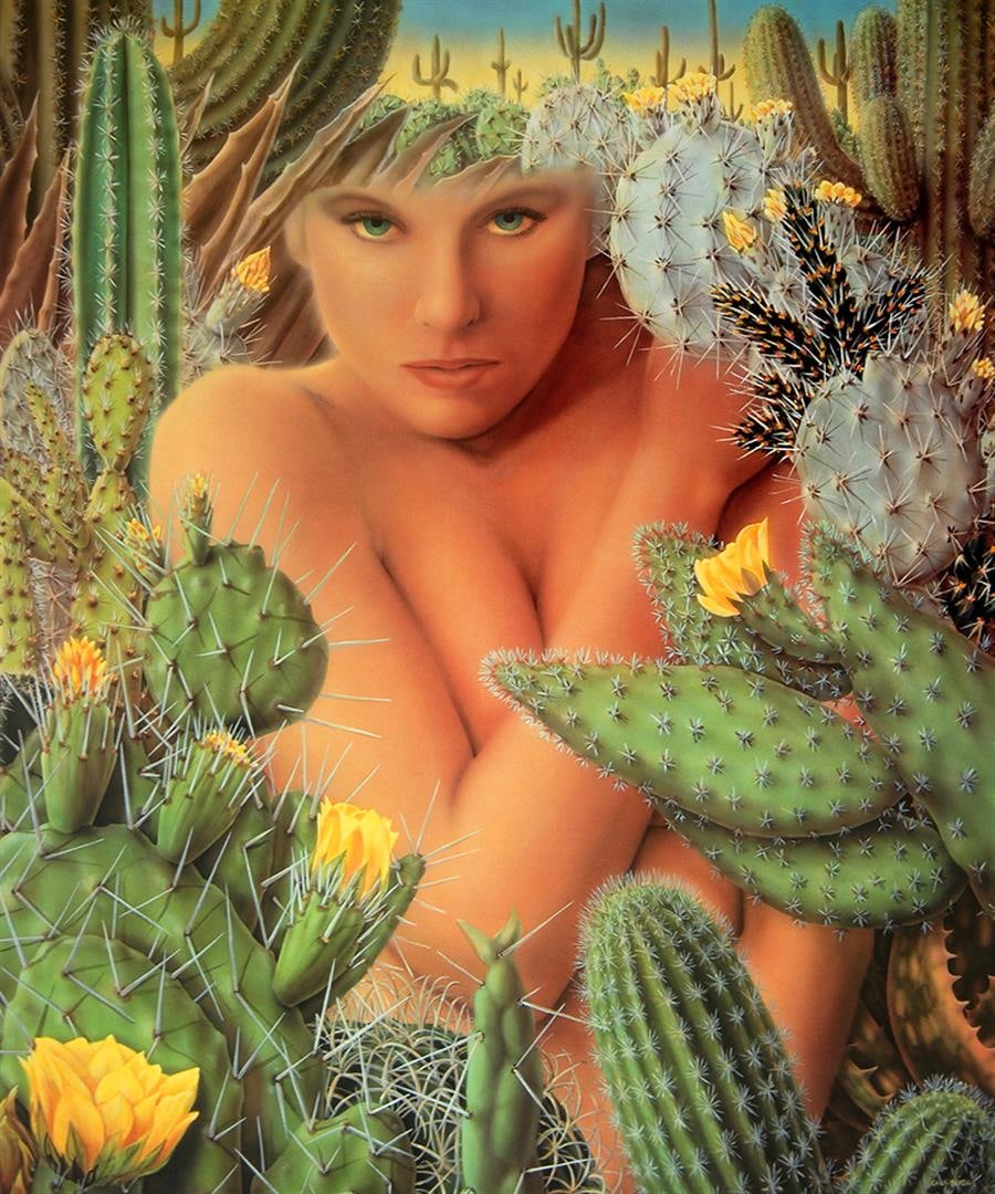 DESERT EVE by Charles Lynn Bragg: Offset and serigraph on paper, limited edition by Charles Lynn Bragg. Eve stands confidently and comfortably between Cactus Needles and an impossible place. 21 x 25