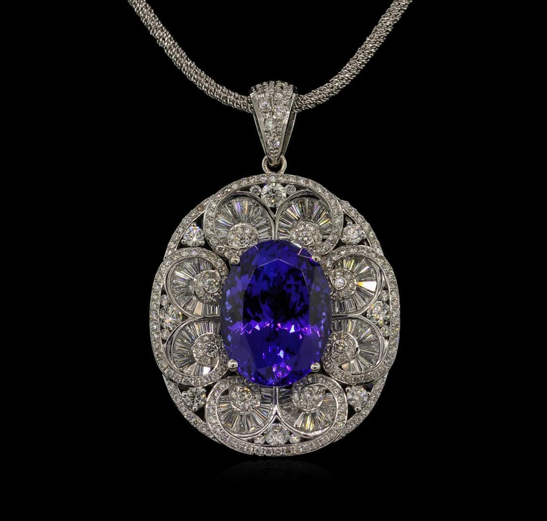 21.34 ctw GIA Cert Tanzanite and Diamond Pendant With Chain - 14KT White Gold: One electronically tested 14KT white gold lady's combination cast & assembled fashion pendant & chain 18.0" long, 2.05mm twisted rope chain with a lobster claw clasp with a bright polish finish. Ident