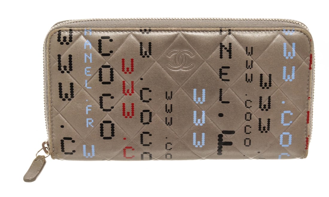 Chanel Gray Print Lambskin Data Center Zippy Wallet: One Chanel Gray Print Lambskin Data Center Zippy Wallet. Item is sold AS-IS. All available information is listed in the description and shown in the photo. Chanel gray print lambskin Data Center zippy