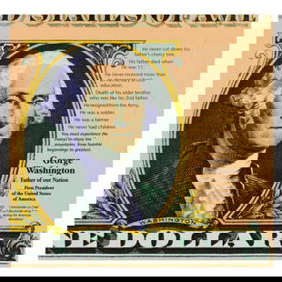 George Washington, Father of Our Nation by Steve Kaufman (1960-2010): "George Washington" is a limited edition hand pulled silkscreen on canvas by Andy Warhol protege Steve Kaufman (1960-2010). This piece is AP numbered 20/50 and hand signed inverso. Includes letter of