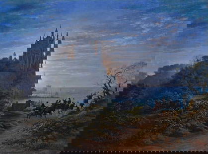Karl Friedrich Schinkel- Gothic Church on a Rock by the Sea: Artist: Karl Friedrich Schinkel - Title: Gothic Church on a Rock by the Sea - Medium: Fine Art Reproduction Giclee on Canvas - Image Size: Approximately 23.5 inches x 32 inches - Unframed on Unstretch