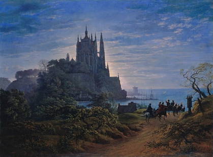 Karl Friedrich Schinkel- Gothic Church on a Rock by the Sea: Artist: Karl Friedrich Schinkel - Title: Gothic Church on a Rock by the Sea - Medium: Fine Art Reproduction Giclee on Canvas - Image Size: Approximately 23.5 inches x 32 inches - Unframed on Unstretch