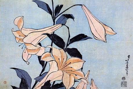 Hokusai - Lilies: Artist: Katsushika Hokusai - Title: Lilies - Medium: Fine Art Giclee on Canvas - Image Size: Approximately 21.5 inches x 32 inches - Unframed on Unstretched Canvas - Biography: ( c. 31 October 1760 -