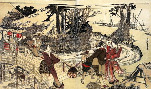Hokusai - Village Near a Bridge: Artist: Katsushika Hokusai - Title: Village Near a Bridge - Medium: Fine Art Giclee on Canvas - Image Size: Approximately 12 inches x 20 inches - Unframed on Unstretched Canvas - Biography: ( c. 31 Oc