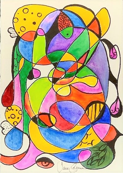Jane SEYMOUR ORIGINAL: Abstract Fantasy XVI. (Nature): Jane SEYMOUR ORIGINAL: Abstract Fantasy XVI. (Nature). Mixed-media on paper, signed lower middle, with a Lily watercolor sketch verso, 10 1/4 x 7 1/4" A newly-developed fresh, colorful and playful sty