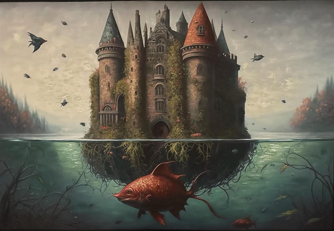 MIGHTY CASTLE original by MANI: A stunning Surreal painting by the emerging young artist Mani. 20"x30" original on canvas, with COA