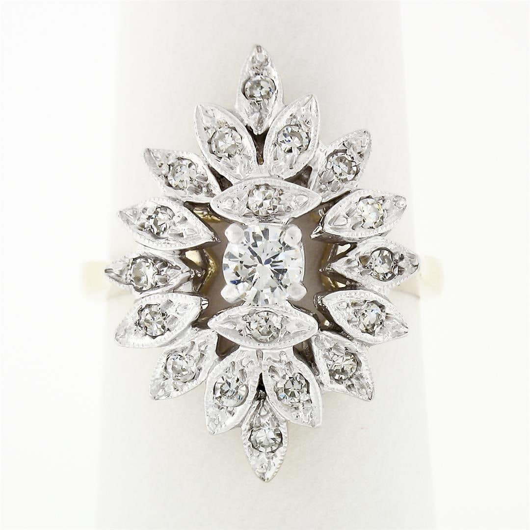 Vintage 14k White Yellow Gold .62 ctw Round Diamond Spray Cluster Cocktail Ring: A vintage solid 14k white & yellow gold spray cocktail ring, with 19 round cut natural diamonds (G/H- VS1/VS2; 0.62ctw). The ring is size 7.0, weighs a total of 6.60 grams, and measures 23.26mm wide.
